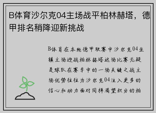 B体育沙尔克04主场战平柏林赫塔，德甲排名稍降迎新挑战